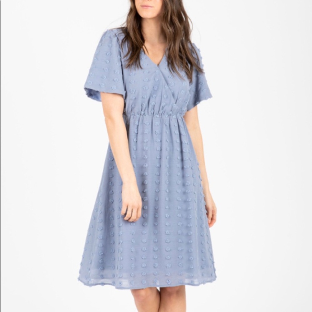 THE SAKURA SWISS DOT WRAP DRESS IN DUSTY BLUE